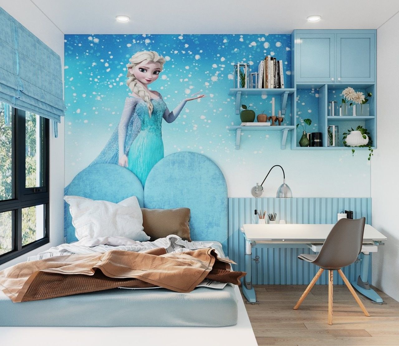 Giường ngủ công chúa Elsa với tông xanh nhẹ nhàng chủ đạo, kết hợp giấy dán tường công chúa rất sinh động 