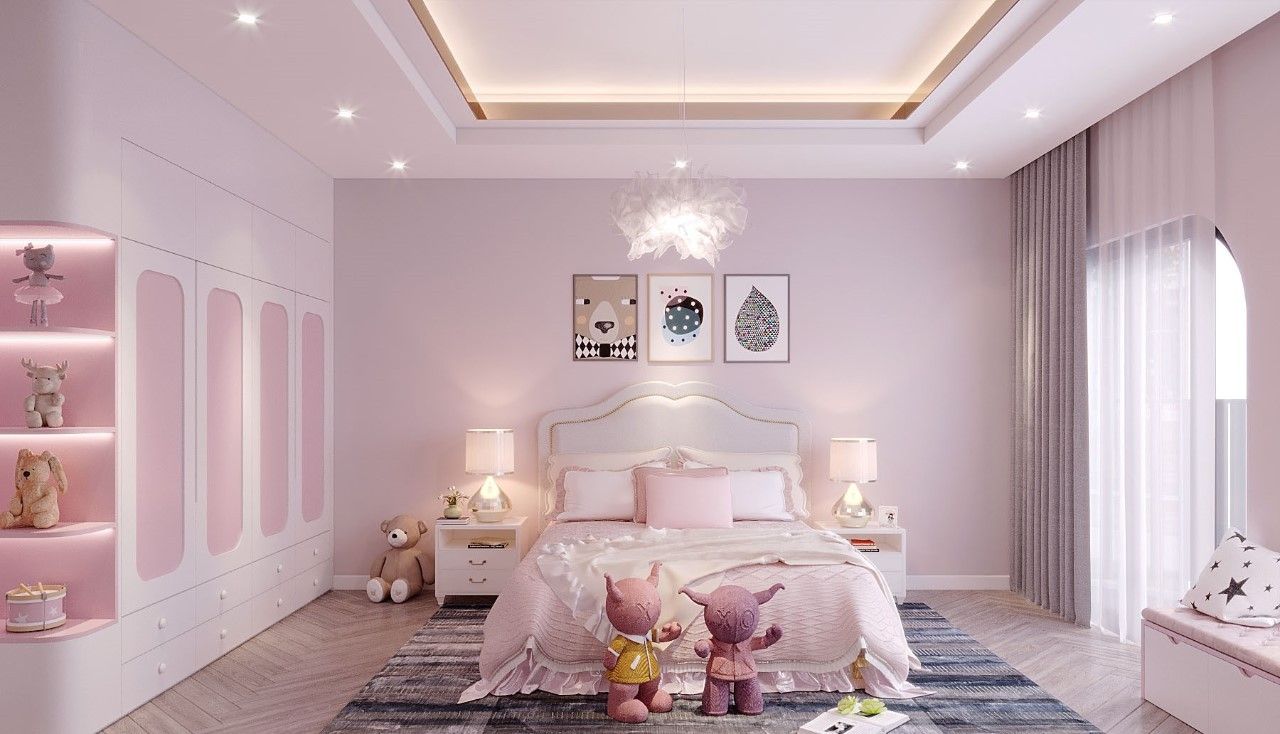 Mẫu giường ngủ công chúa màu hồng phong cách tân cổ điển nhẹ nhàng hiện đại