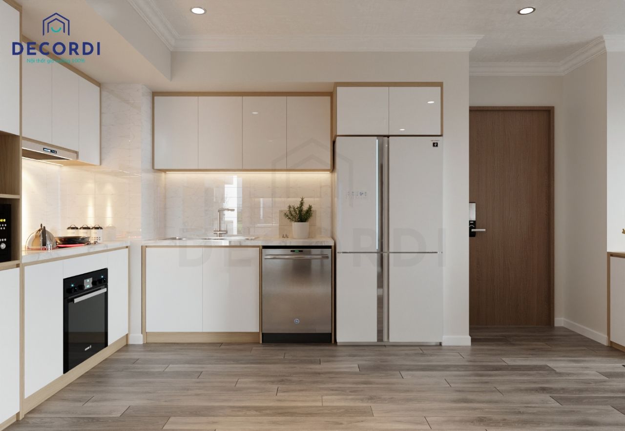Nội thất phòng bếp được thiết kế âm tủ tạo sự gọn gàng và giúp gia chủ thuận tiện trong quá trình sử dụng