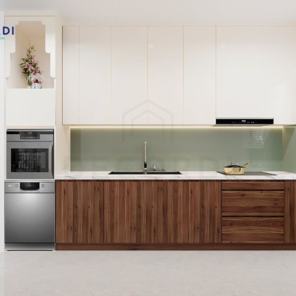 Hệ tủ bếp chữ i được thiết kế dọc theo tường với tủ bếp trên phủ Acrylic sáng bóng, tủ bếp dưới tone màu gỗ trầm tạo sự sang trọng và tiện dụng trong việc lau chùi 