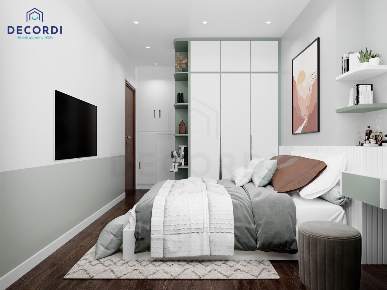 Tủ lưu trữ cao đụng trần màu trắng tối ưu không gian nhu cầu lưu trữ cho gia chủ, kết hợp tivi treo tường tiết kiệm diện tích gian phòng ngủ 