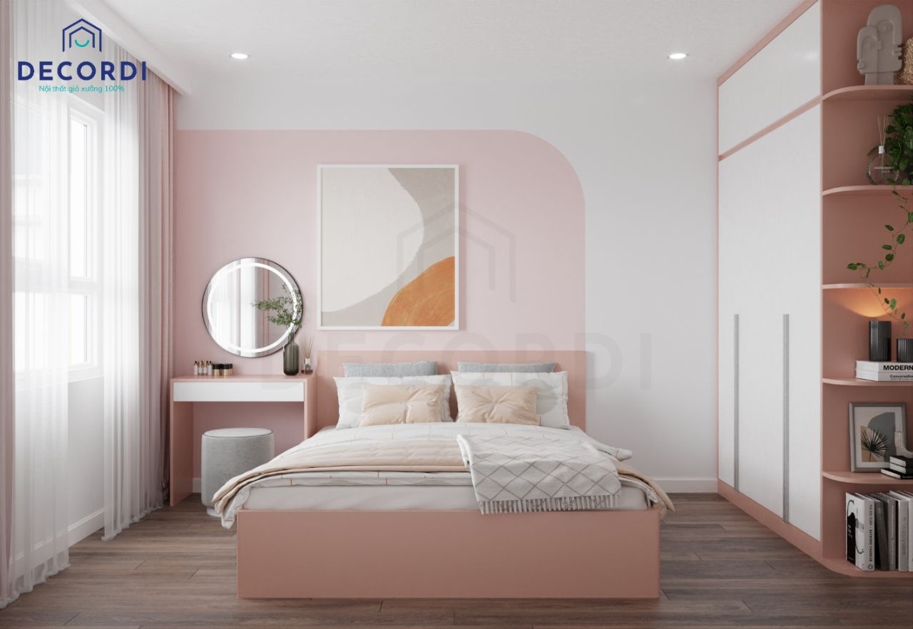 Phòng ngủ tông hồng pastel nhẹ nhàng đầy đủ công năng với tủ quần áo cao đụng trần tối ưu diện tích lưu trữ  