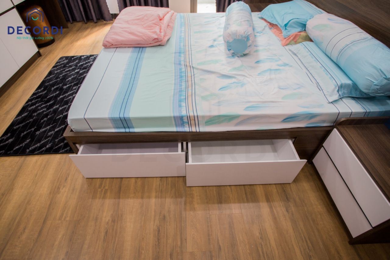 Mẫu giường ngủ kết hợp hộc tủ kéo phía dưới tận dụng hiệu quả không gian trống