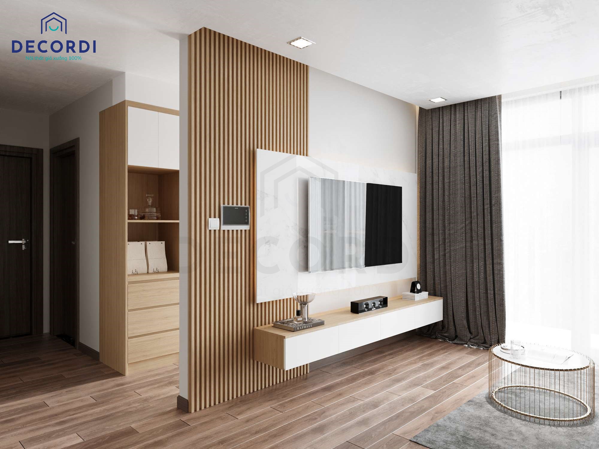 Tường phòng khách sử dụng vách lam nhựa giả gỗ tạo điểm nhấn và tăng sự kết nối với những món đồ nội thất khác