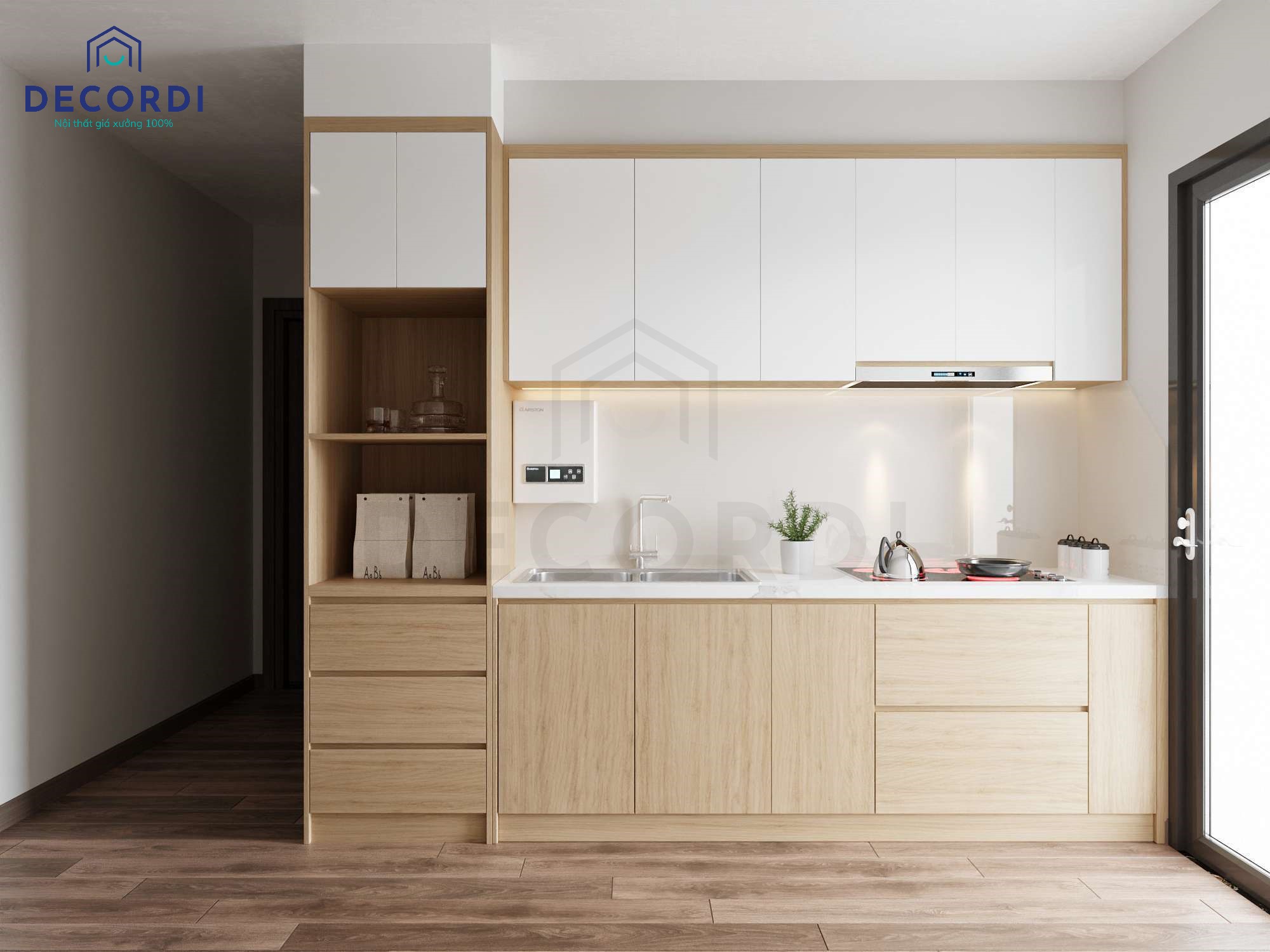  Hệ tủ bếp chữ I gỗ công nghiệp rất thích hợp cho không gian căn hộ nhỏ