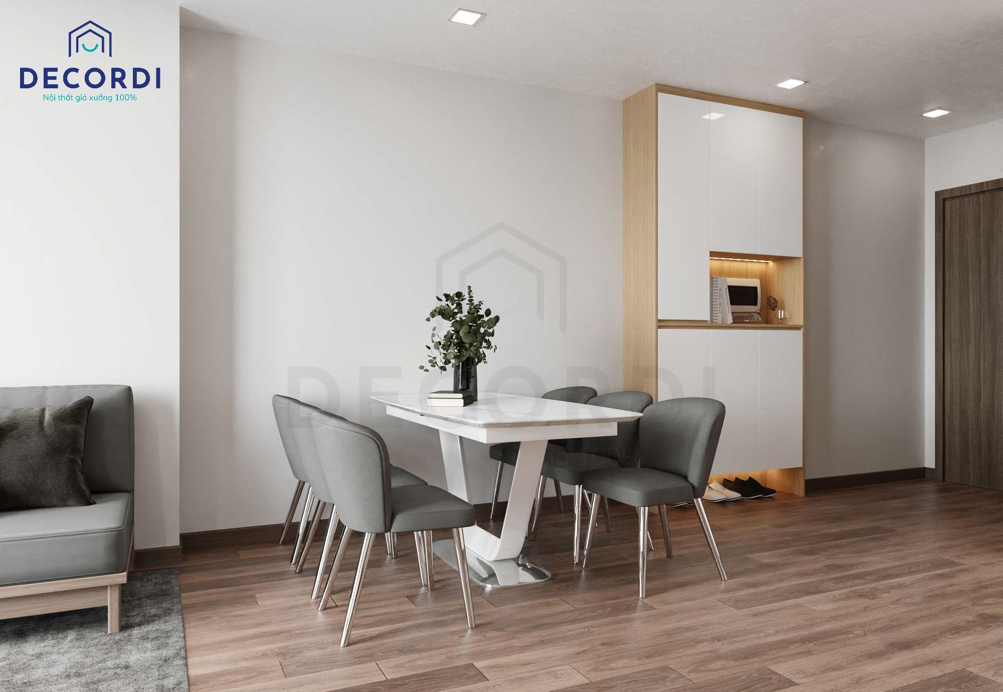 Tường phòng khách sử dụng vách lam nhựa giả gỗ tạo điểm nhấn và tăng sự kết nối với những món đồ nội thất khác