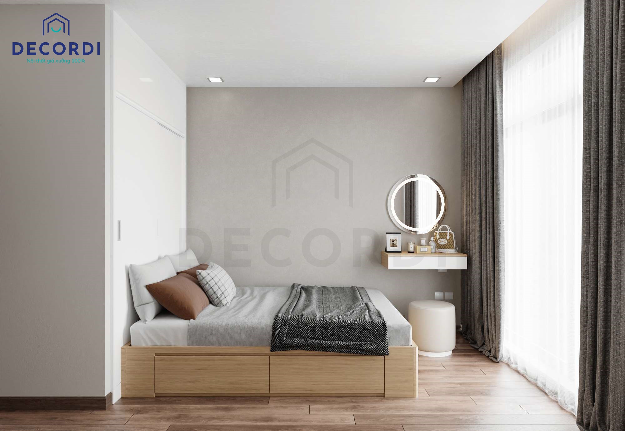Giường ngủ có ngăn kéo kết hợp với chiếc tủ quần áo cao đụng trần tối ưu diện tích sử dụng