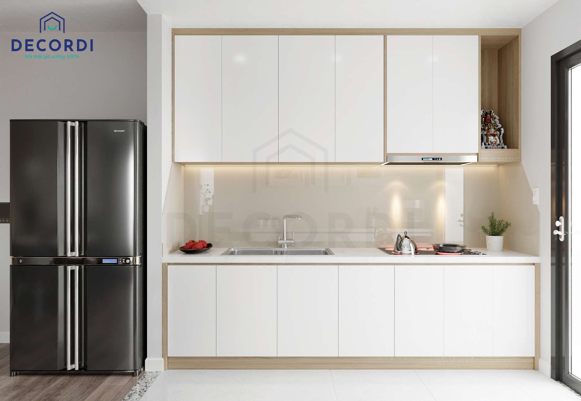 Thiết kế nội thất phòng bếp chung cư với tủ bếp chữ I nhỏ gọn, hiện đại 