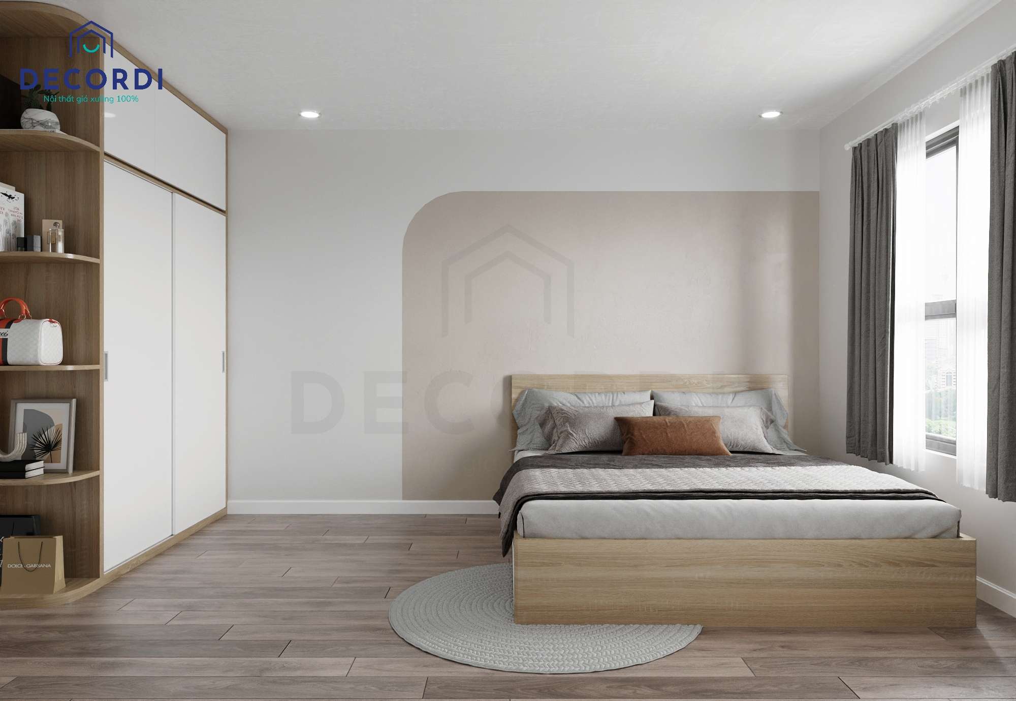 Phòng ngủ gỗ công nghiệp hiện đại, đầy đủ công năng từ giường ngủ đến bàn làm việc 
