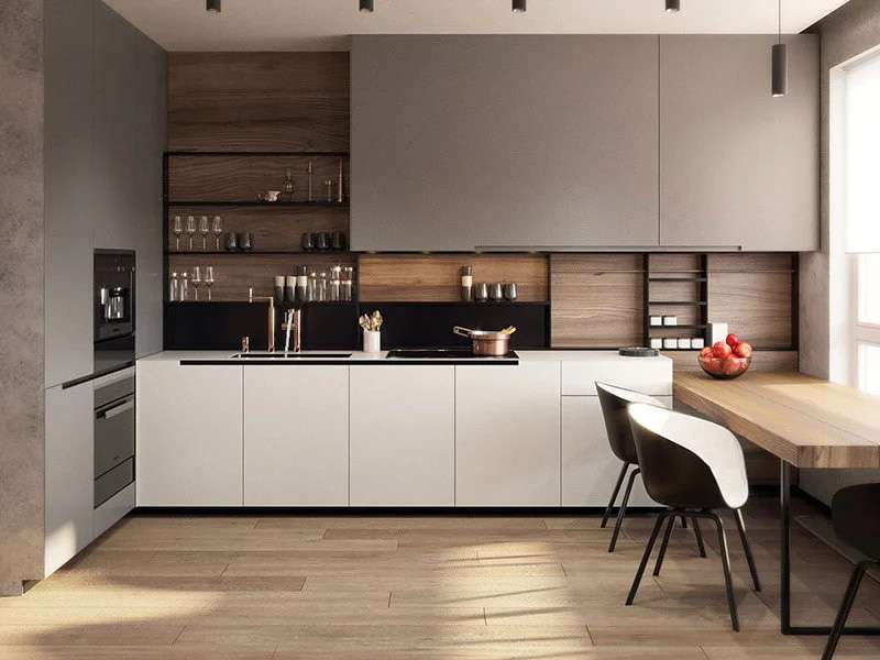 Thiết kế nội thất chung cư với tủ bếp chữ I phủ laminlate mang tông màu nâu trầm mang đến sự ấm cúng cho gian bếp