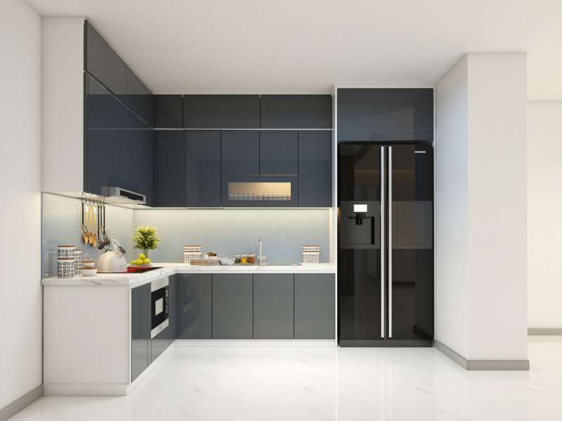 Thiết kế nội thất phòng bếp với tủ bếp nhựa phủ Acrylic sáng bóng