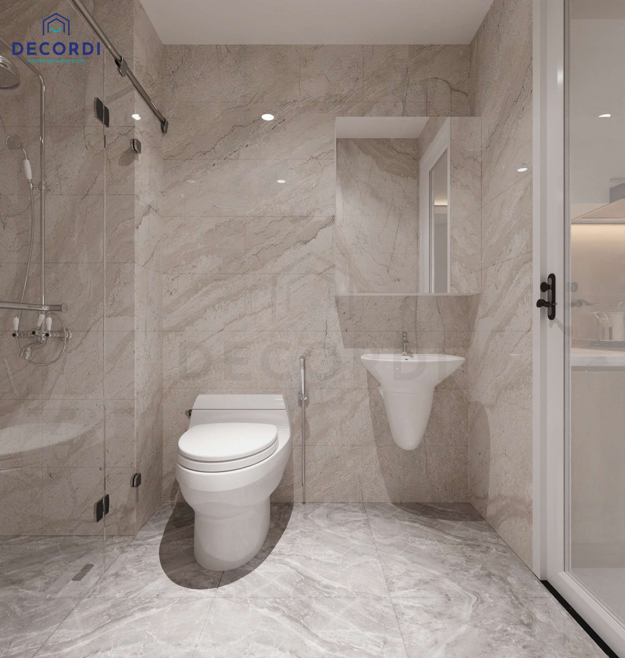 Thiết kế phòng vệ sinh ốp gạch toàn bộ, sử dụng nội thất sứ trắng hiện đại