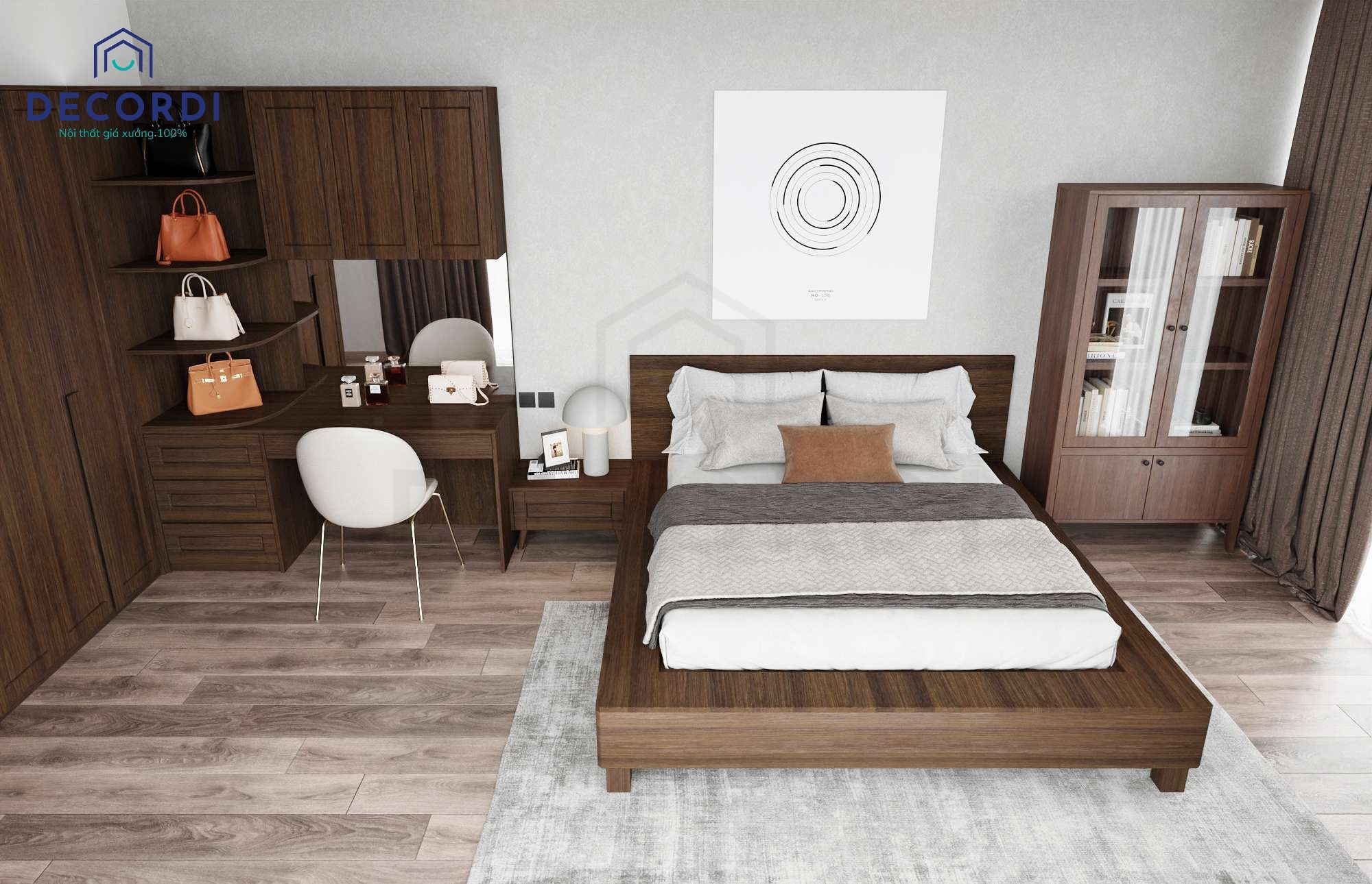 Tổng quan không gian phòng ngủ được thiết kế với tông màu gỗ trầm ấm áp 