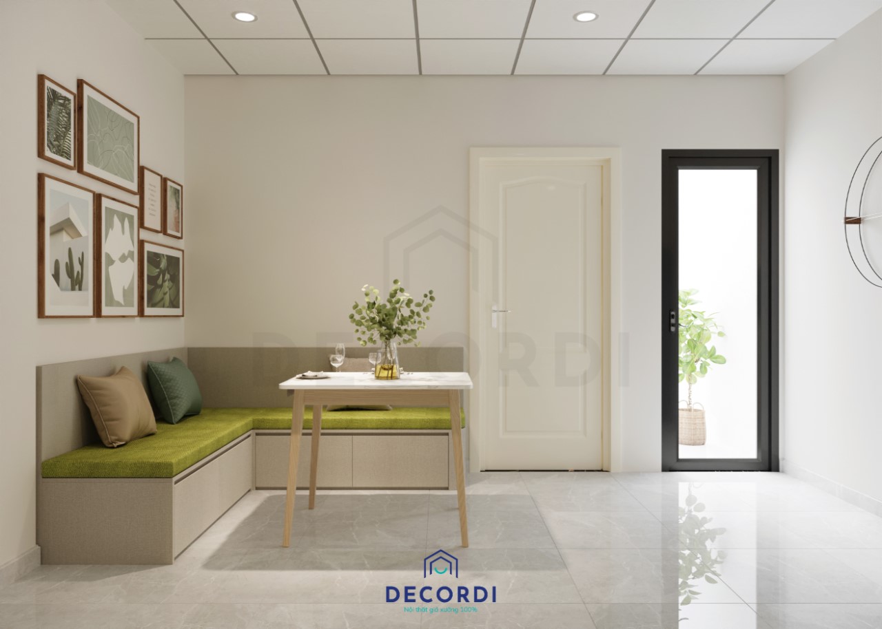 Nội thất phòng khách được thiết kế tối giản với điểm nhấn là gam màu yêu thích của gia chủ xanh chuối nổi bật