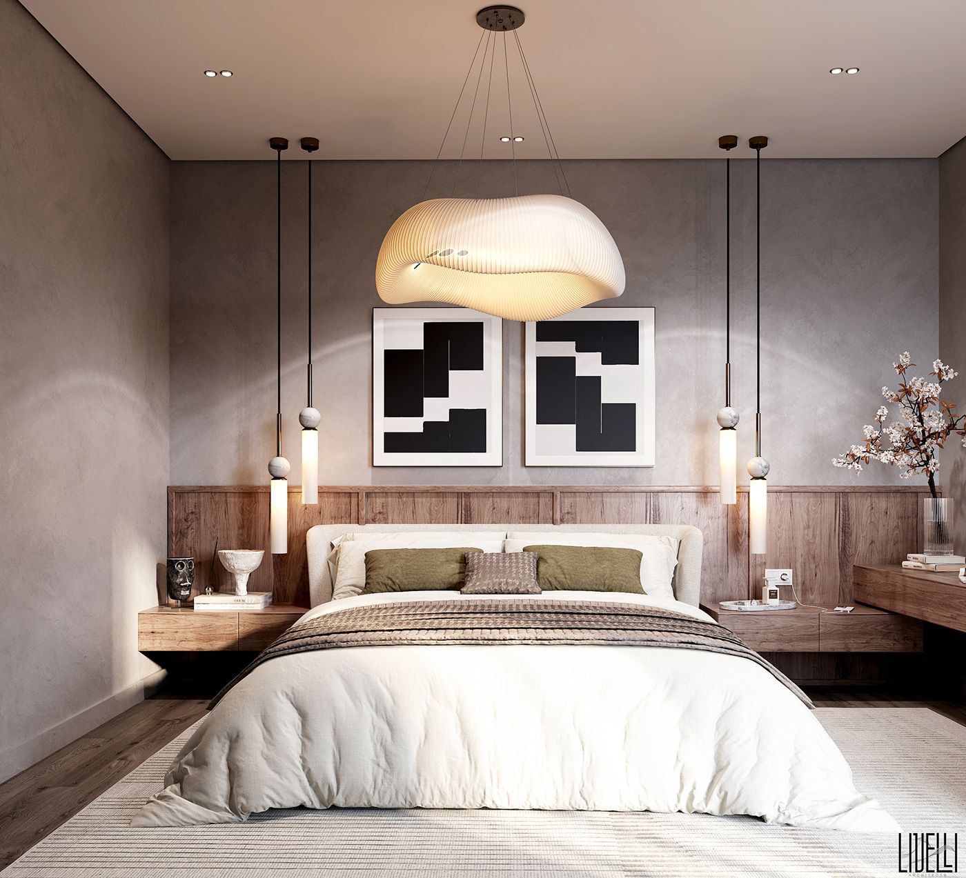 Trang trí phòng ngủ với đèn thả và tranh treo tường trườu tượng lạ mắt 