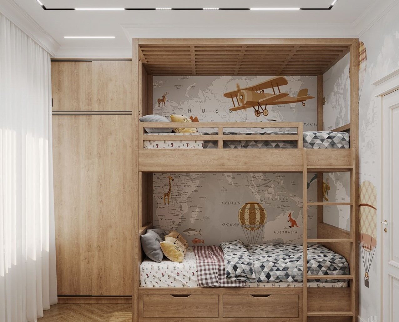 Phòng ngủ chung cho 2 bé sử dụng giường tầng gam màu gỗ 
