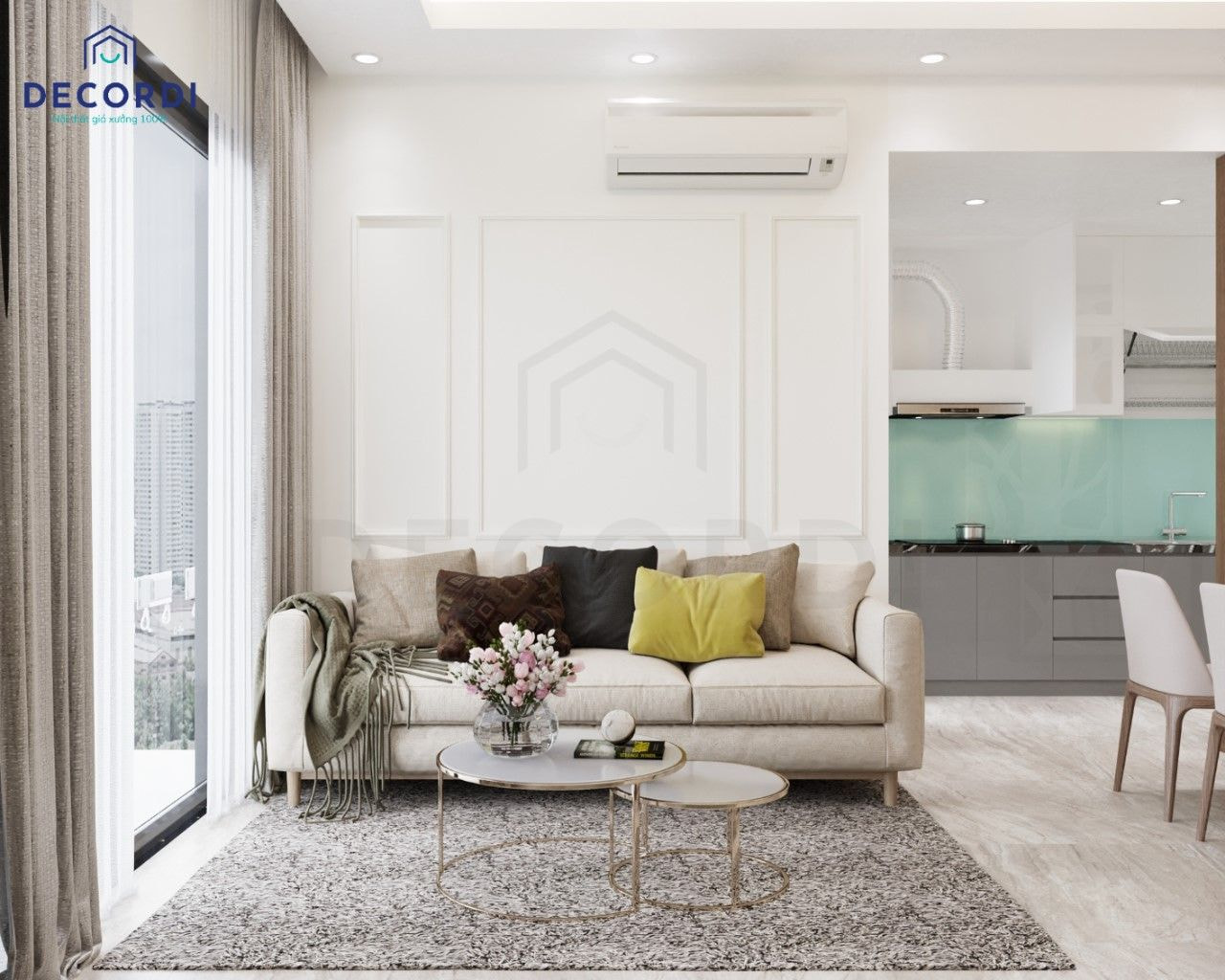 Thiết kế nội thất phòng khách chung cư hiện đại phong cách luxury sang trọng, sử dụng bàn trà tròn phối sofa