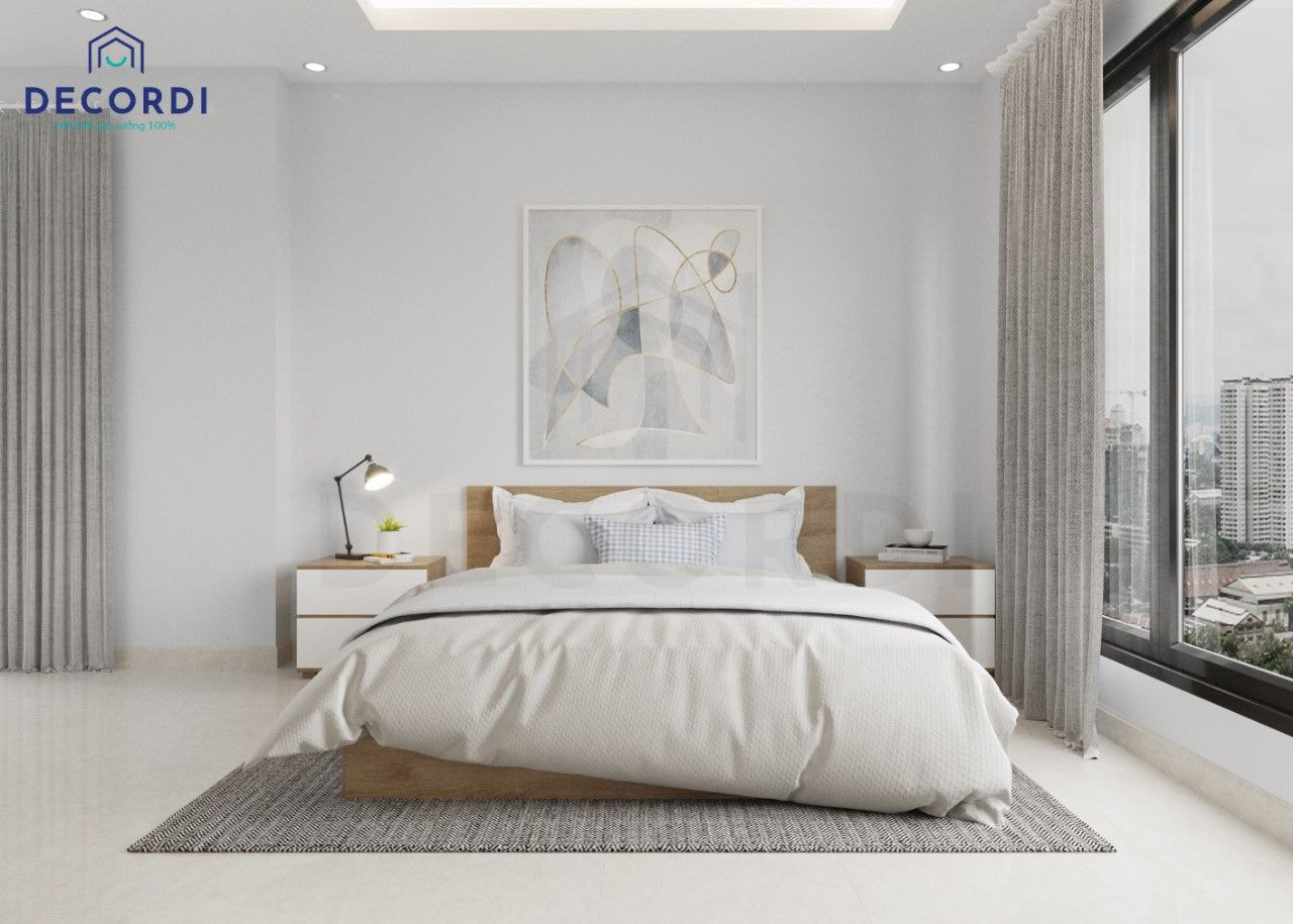 Thiết kế phòng ngủ ba mẹ với gam màu trắng tinh tế, nội thất được sử dụng tối giản với kiểu dáng hiện đại