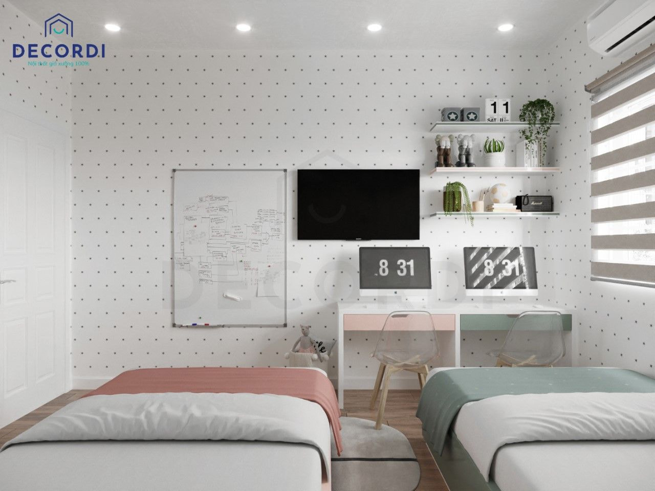 Thiết kế nội thất phòng ngủ đôi cho bé sử dụng gam màu hồng xanh hiện đại cho bé trai và bé gái
