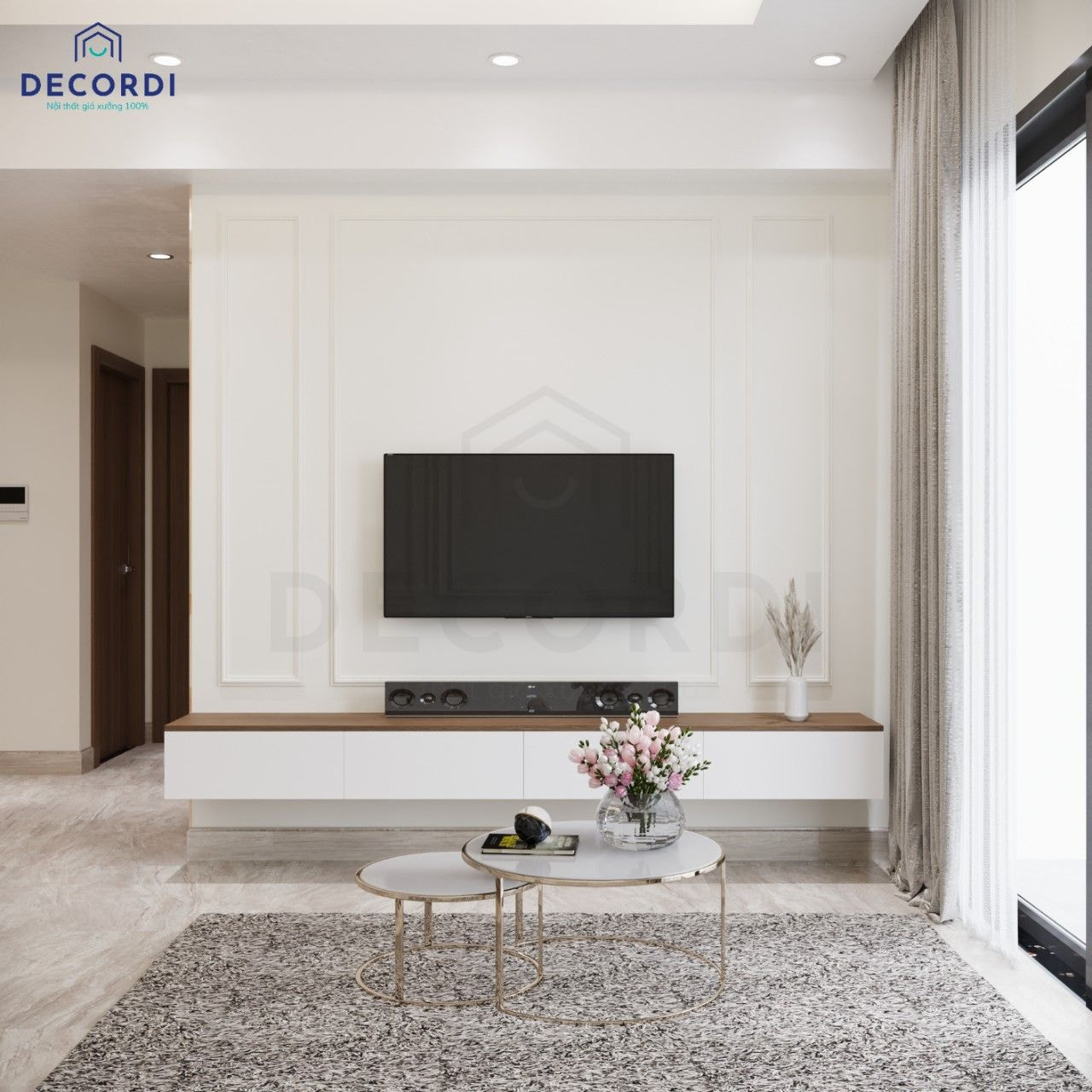 Thiết kế nội thất chung cư luxury gam màu trắng với vách tivi phối phào chỉ sang trọng