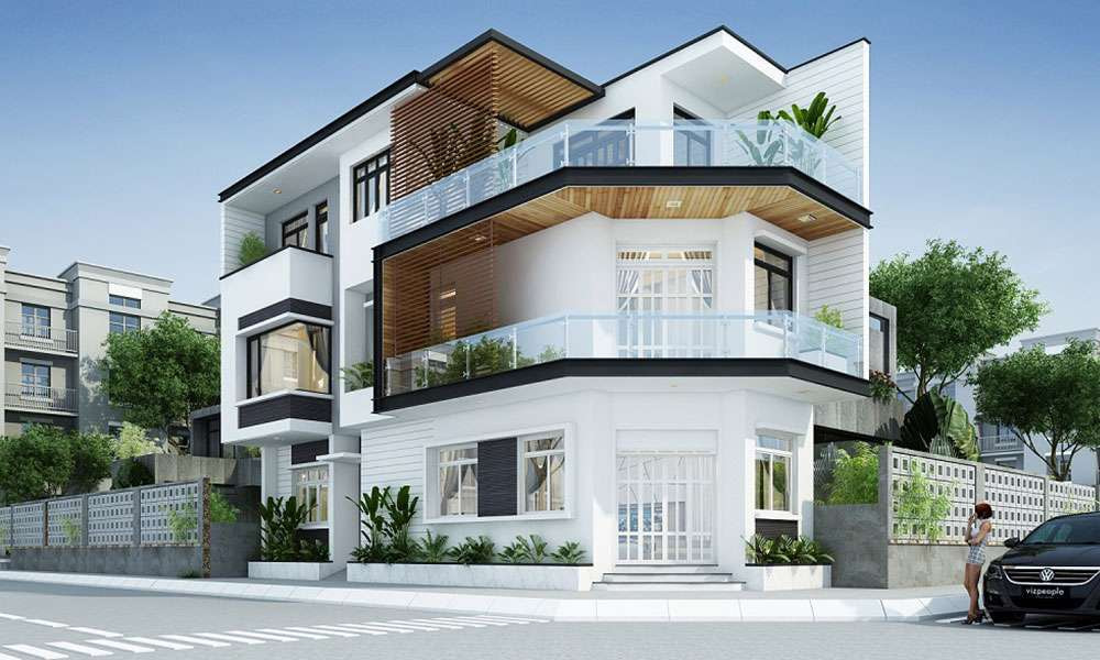 Thiết kế căn nhà góc sử dụng màu sơn trắng phối gỗ như tòa biệt thự trắng nằm giữa thành phố 