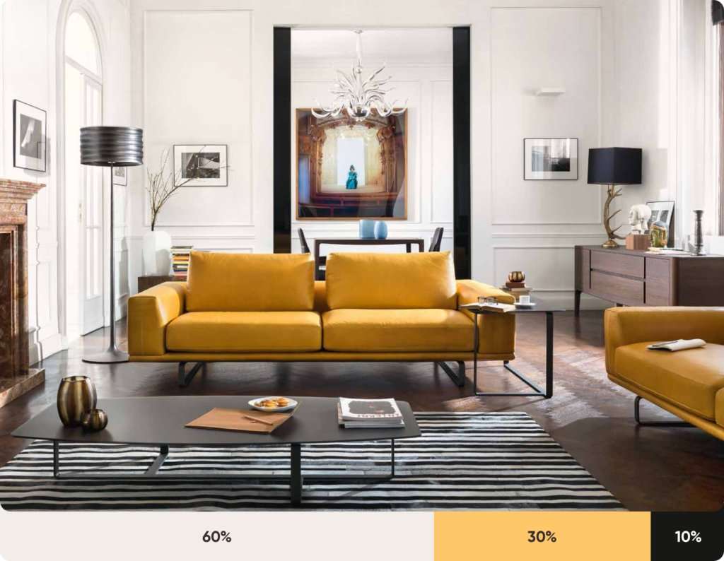 Sử dụng quy tắc phối màu 60-30-10 với màu trắng chủ đạo nhấn nội thất vàng mang đến không gian hài hòa, hoàn hảo