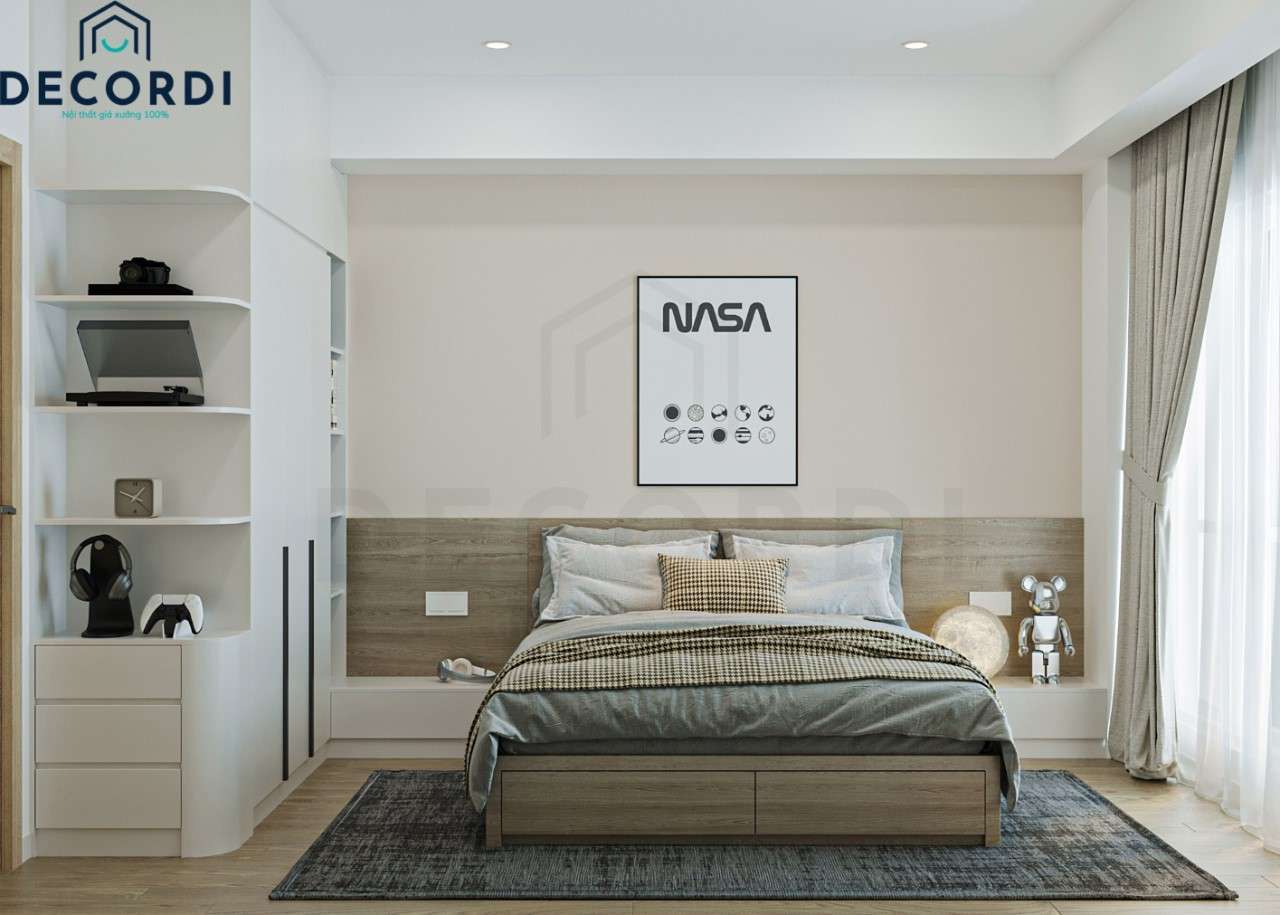 Phòng ngủ 2 thiết kế đơn giản với gam màu nude nhẹ nhàng phối cùng gam màu gỗ nâu ấm áp