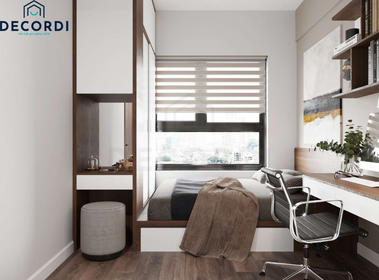 Phòng ngủ 1 được thiết kế đơn giản với đầy đủ nội thất từ giường ngủ kết hợp tủ quần áo và bàn trang điểm vô cùng thông minh.