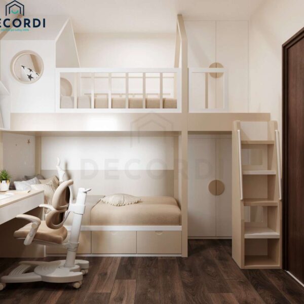 Phòng ngủ 2 bé được thiết kế thơ mộng hơn với 2 gam màu trắng, nude hiện đại nhẹ nhàng