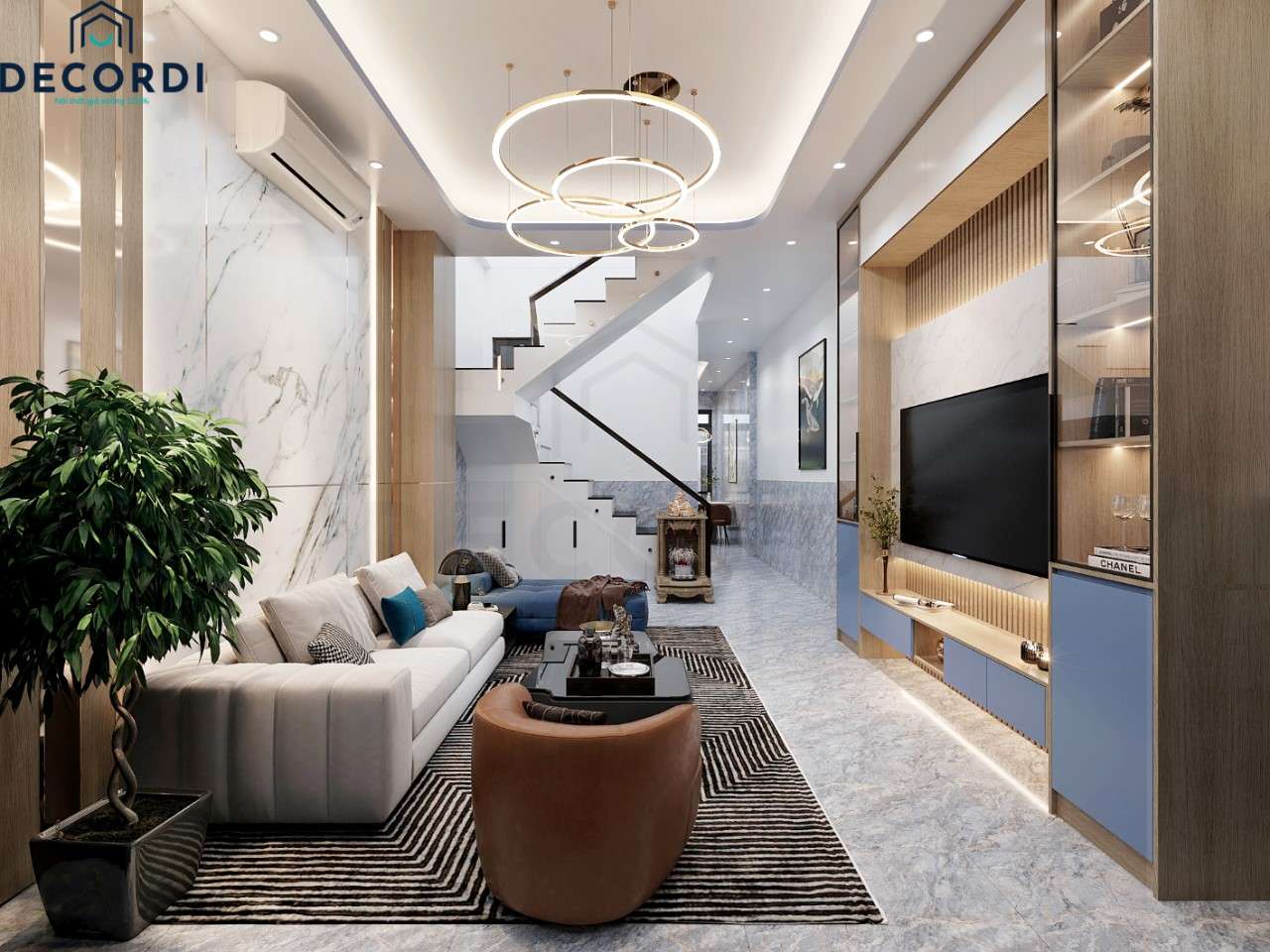 Thiết kế nội thất phòng khách hiện đại sang trọng nhấn gam màu xanh phong thủy của gia chủ