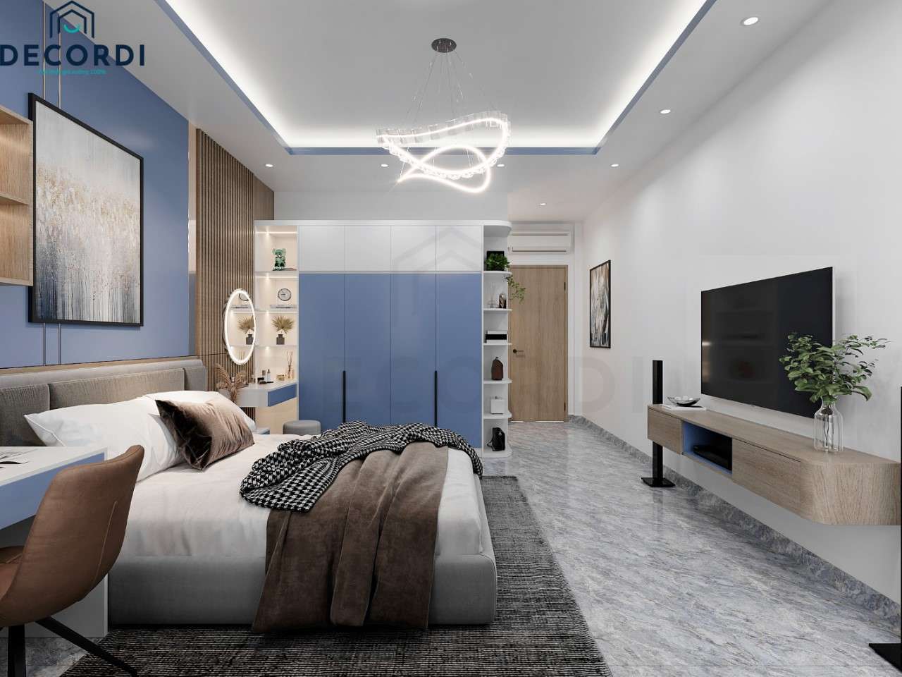 Thiết kế phòng ngủ master hiện đại sử dụng gam màu xanh yêu thích của gia chủ với đầy đủ nội thất