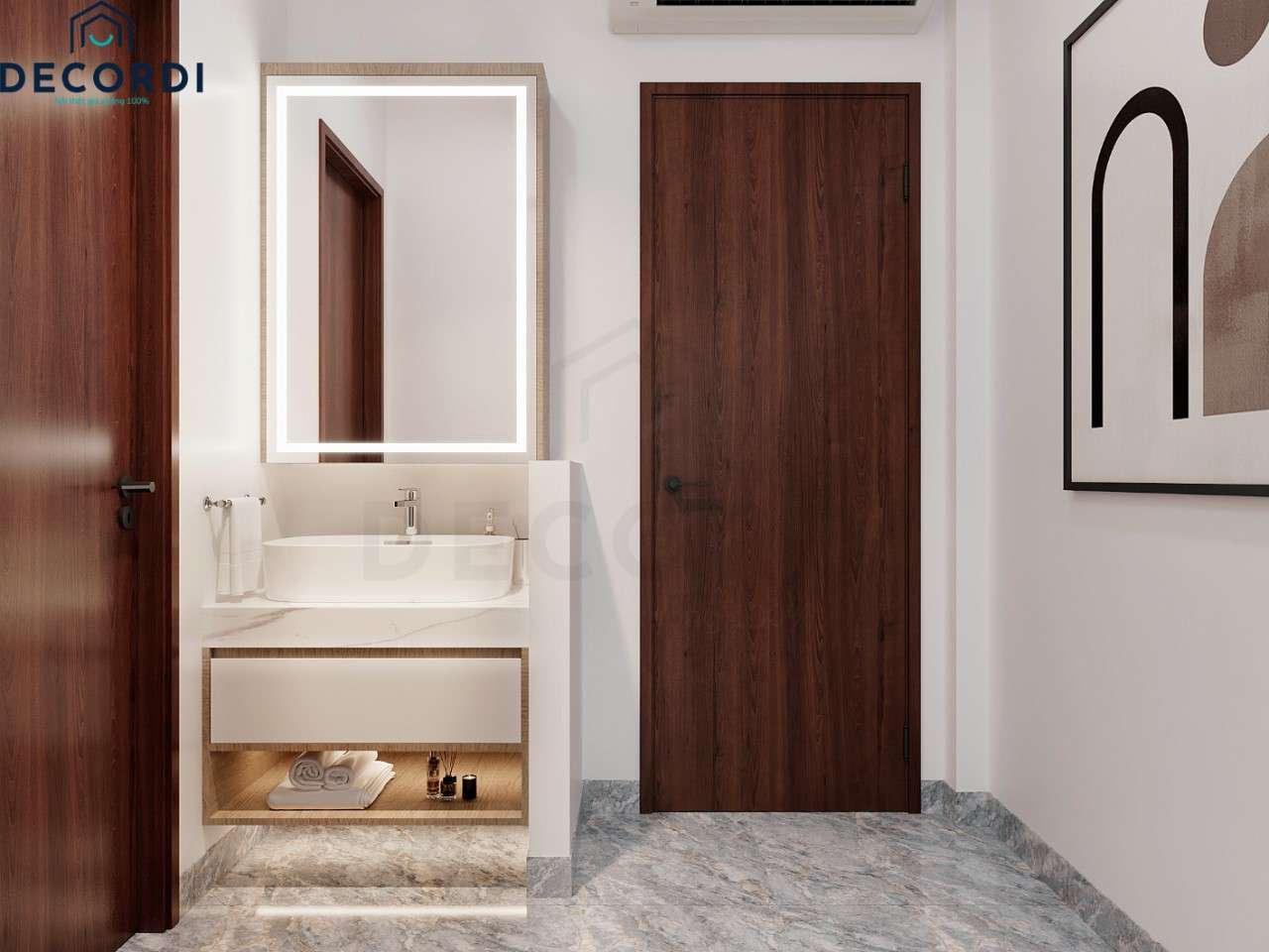 Nhà vệ sinh trong phòng ngủ được thiết kế đơn giản với gương lớn phù hợp cho nàng