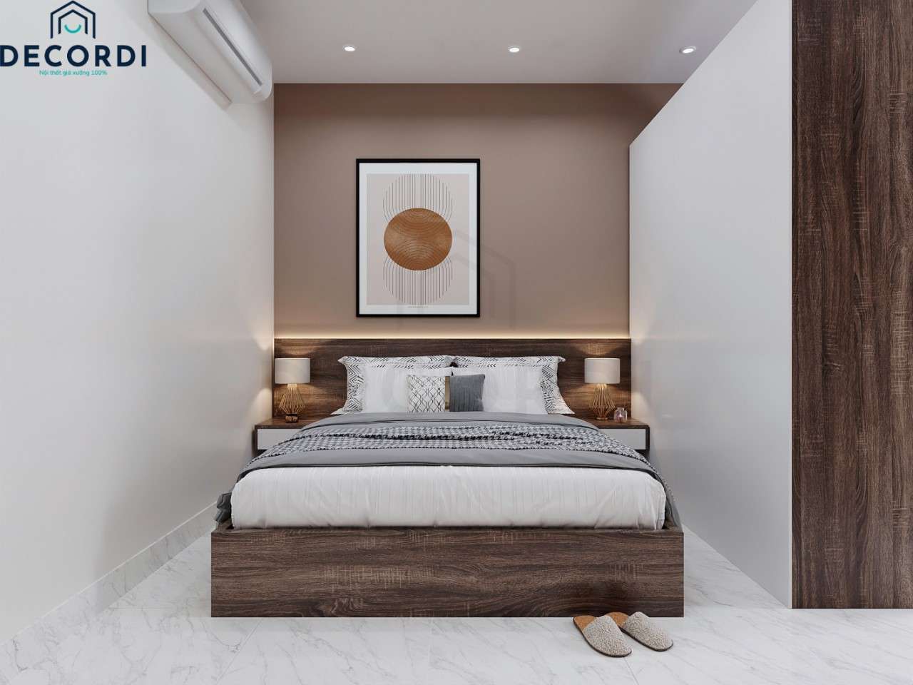Phòng ngủ nhỏ sử dụng nội thất nâu trắng trên nền sơn phòng ngủ màu nâu ấm áp