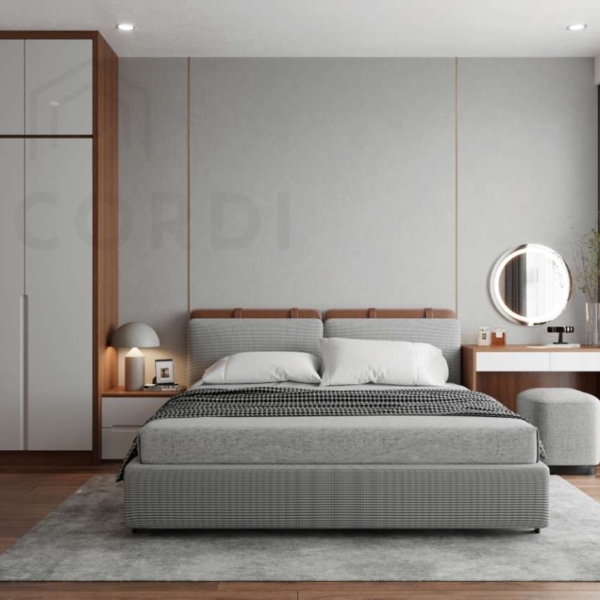 Tổng quan phòng ngủ gam màu xám hiện đại được bố trí đầy đủ nội thất