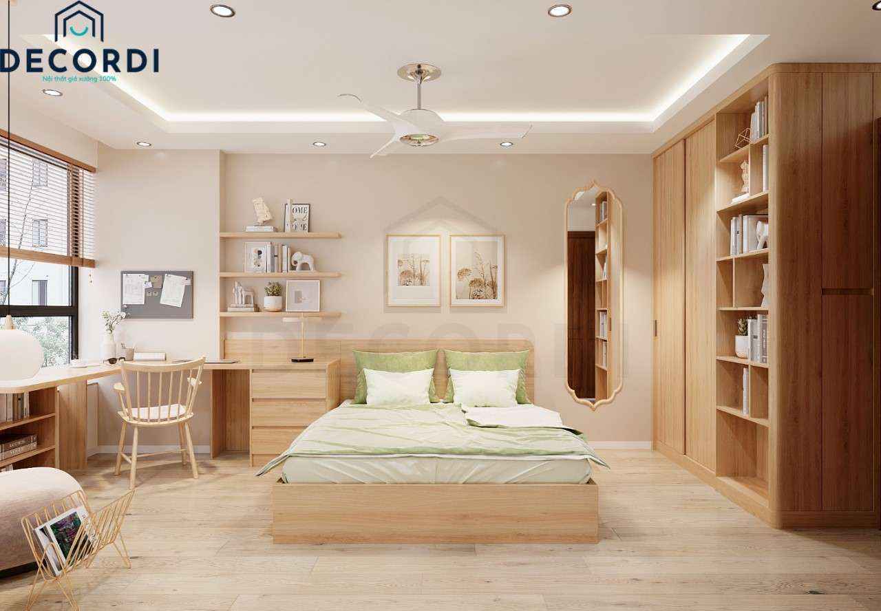 Tổng thể không gian phòng ngủ bạn gái được thiết kế nhẹ nhàng, tinh tế với chất liệu gỗ công nghiệp bo cong nhẹ nhàng