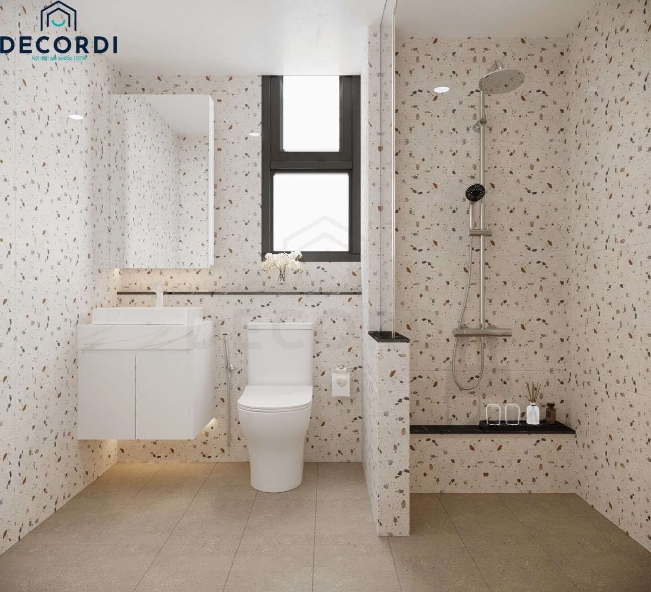 Phòng tắm hiện đại được ốp gạch toàn bộ ngăn cách bởi vách kính cho khu vực vệ sinh sạch sẽ