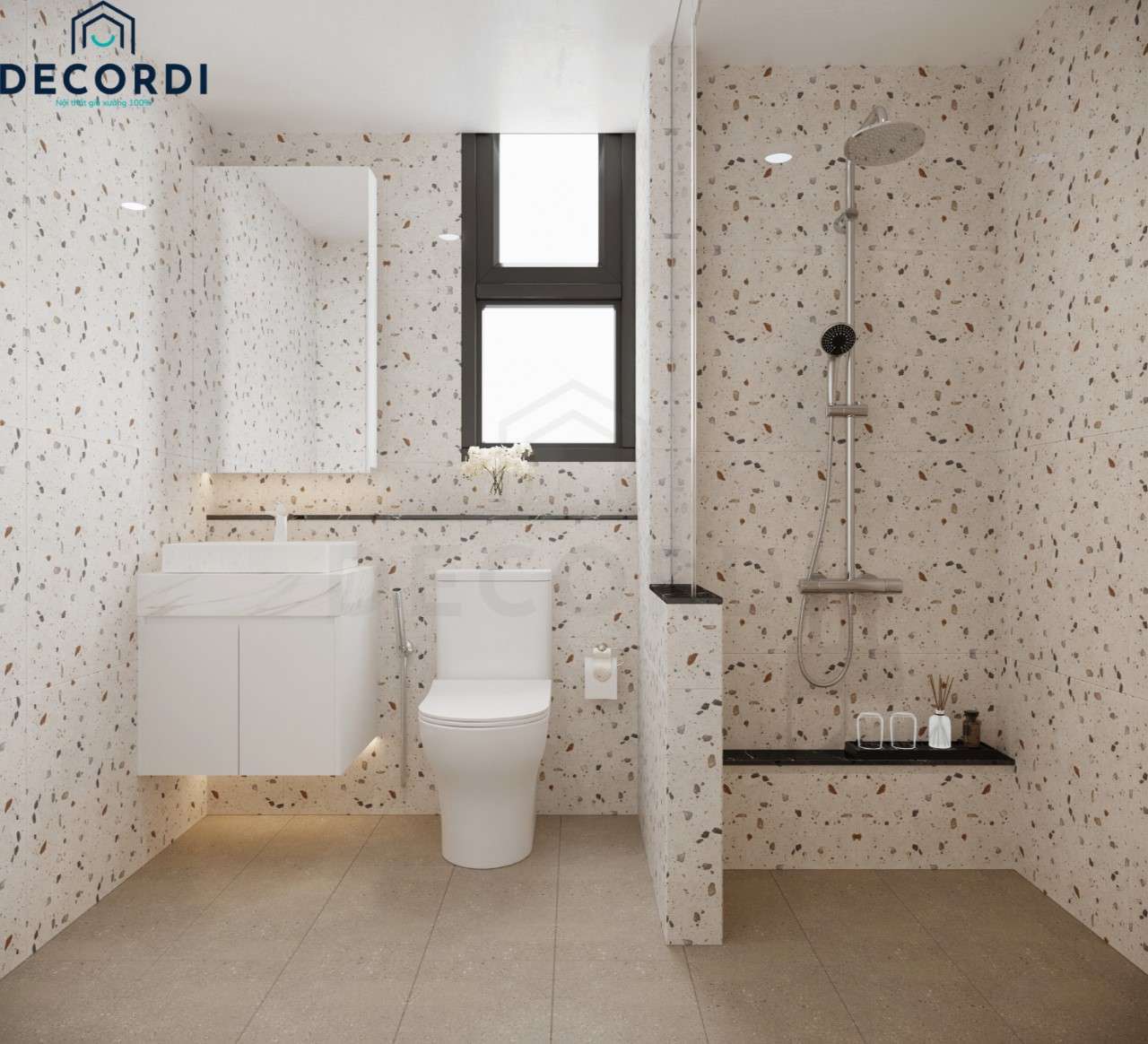 Phòng tắm hiện đại được ốp gạch toàn bộ ngăn cách bởi vách kính cho khu vực vệ sinh sạch sẽ