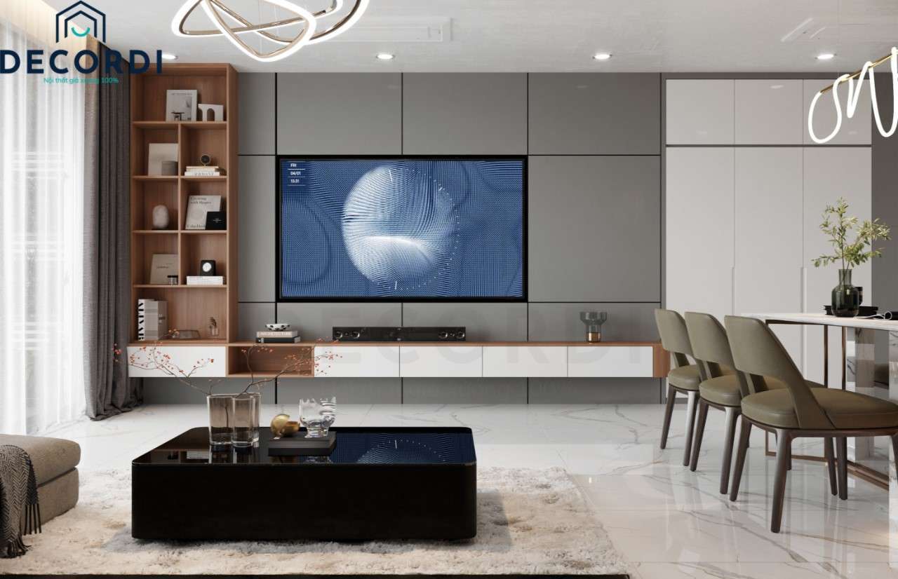 Phòng khách được thiết kế với nhiều hệ tủ kệ sau tivi đến kệ tivi kết hợp kệ trang trí bắt mắt