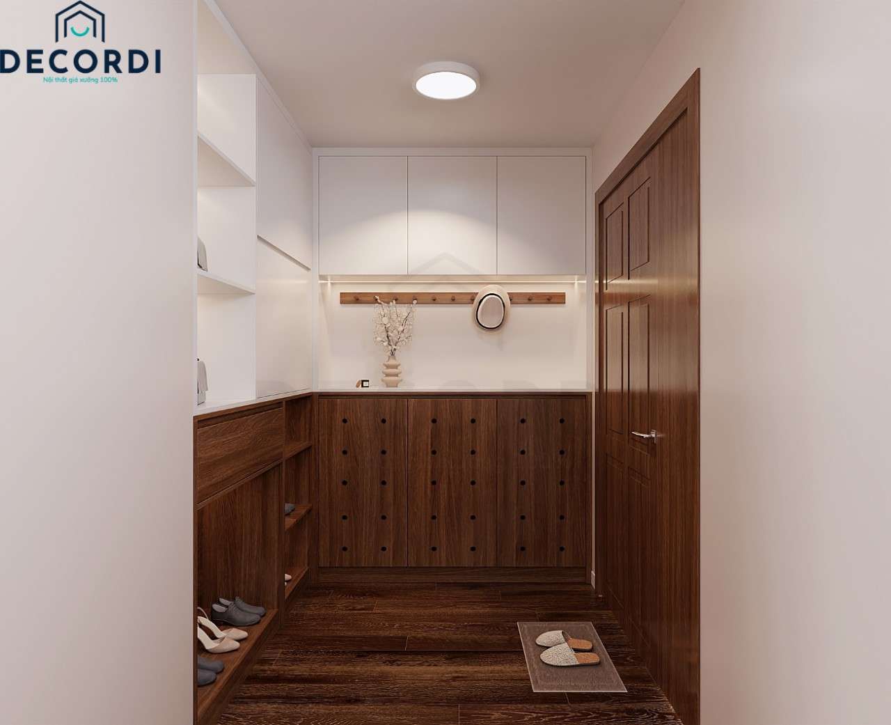 Lối vào nhà chung cư được thiết kế tủ giày gỗ công nghiệp chữ L phối màu gỗ và trắng hiện đại