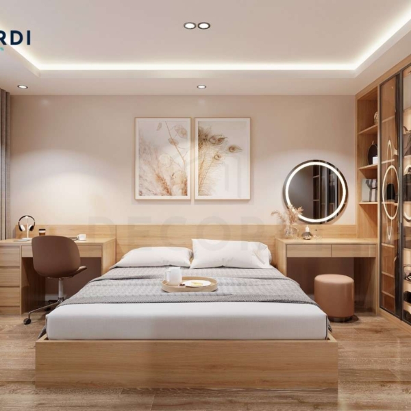 Phòng ngủ master hiện đại thiết kế đơn giản với đầy đủ nội thất từ bàn làm việc, giường ngủ, tủ quần áo