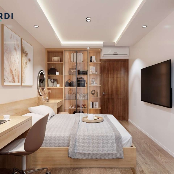 Thiết kế nội thất phòng ngủ master hiện đại gỗ công nghiệp