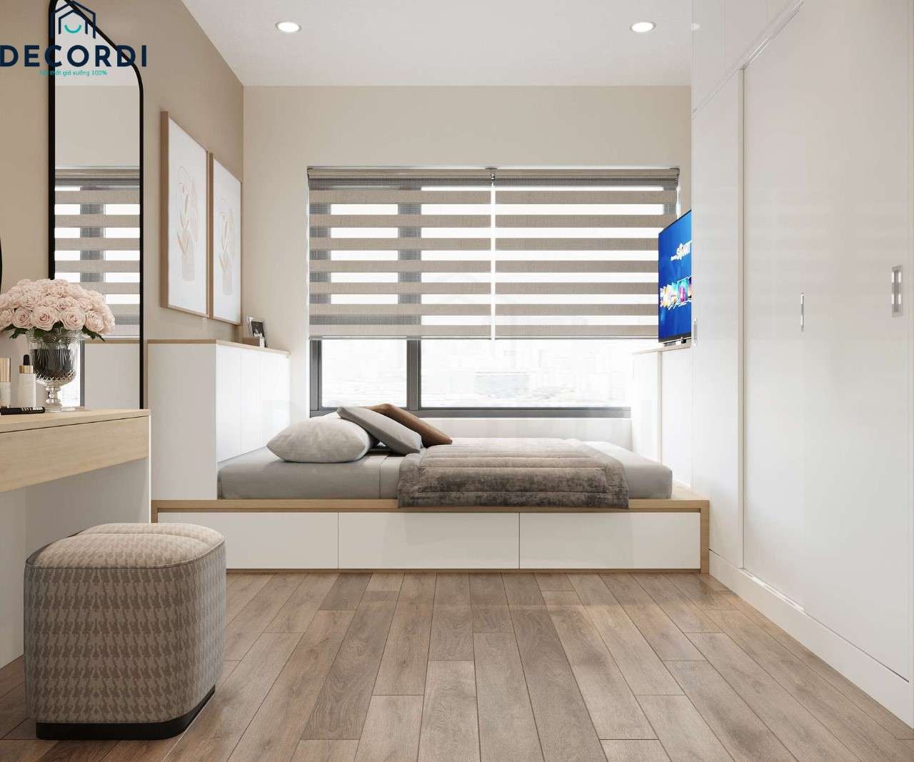 Thiết kế nội thất phòng ngủ chung cư nhỏ sử dụng gam màu trắng hiện đại