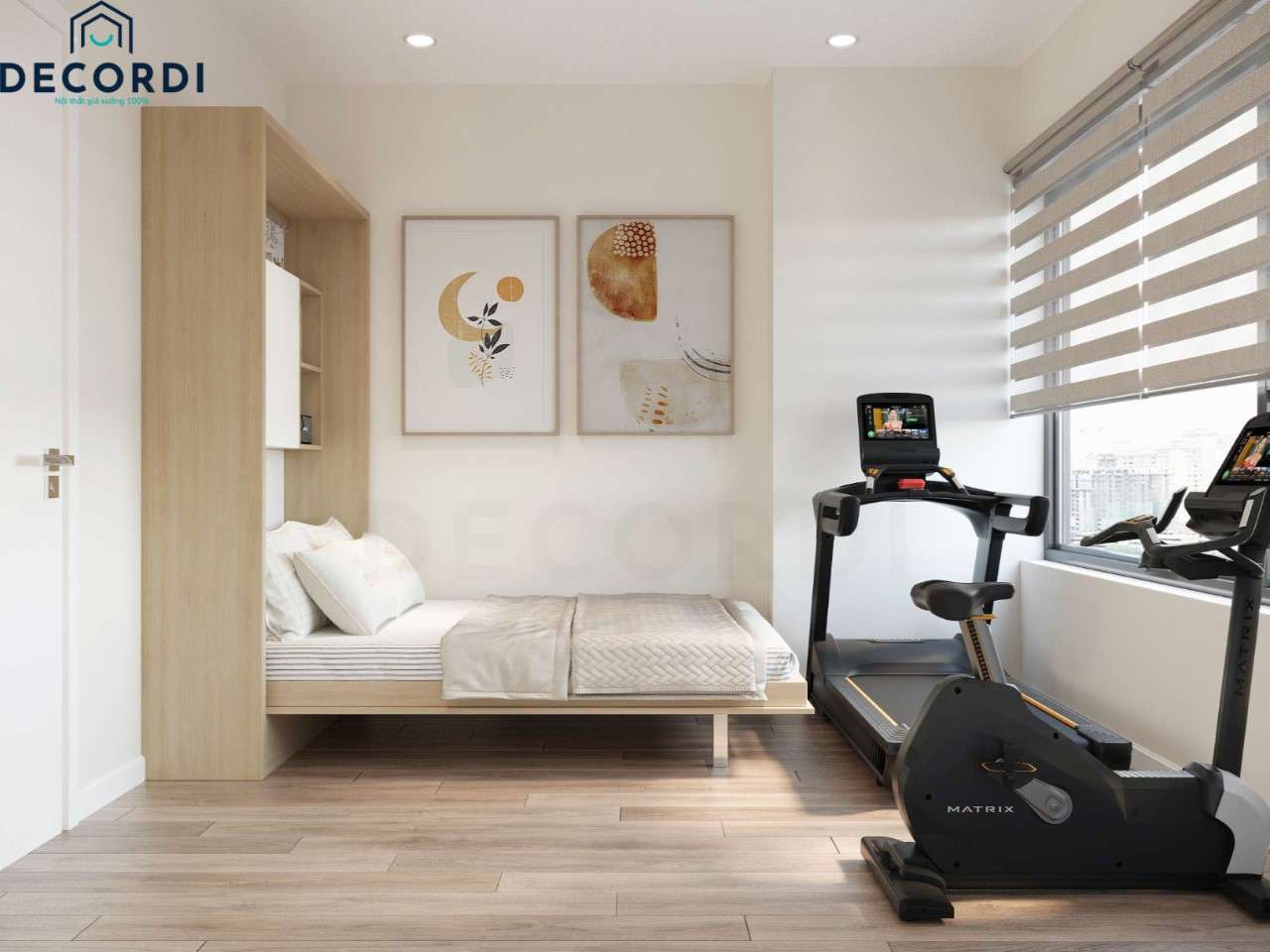 Phòng ngủ phong cách tối giản sử dụng nội thất thông minh giường gấp gọn giấu tủ tối ưu diện tích thể dục thể thao