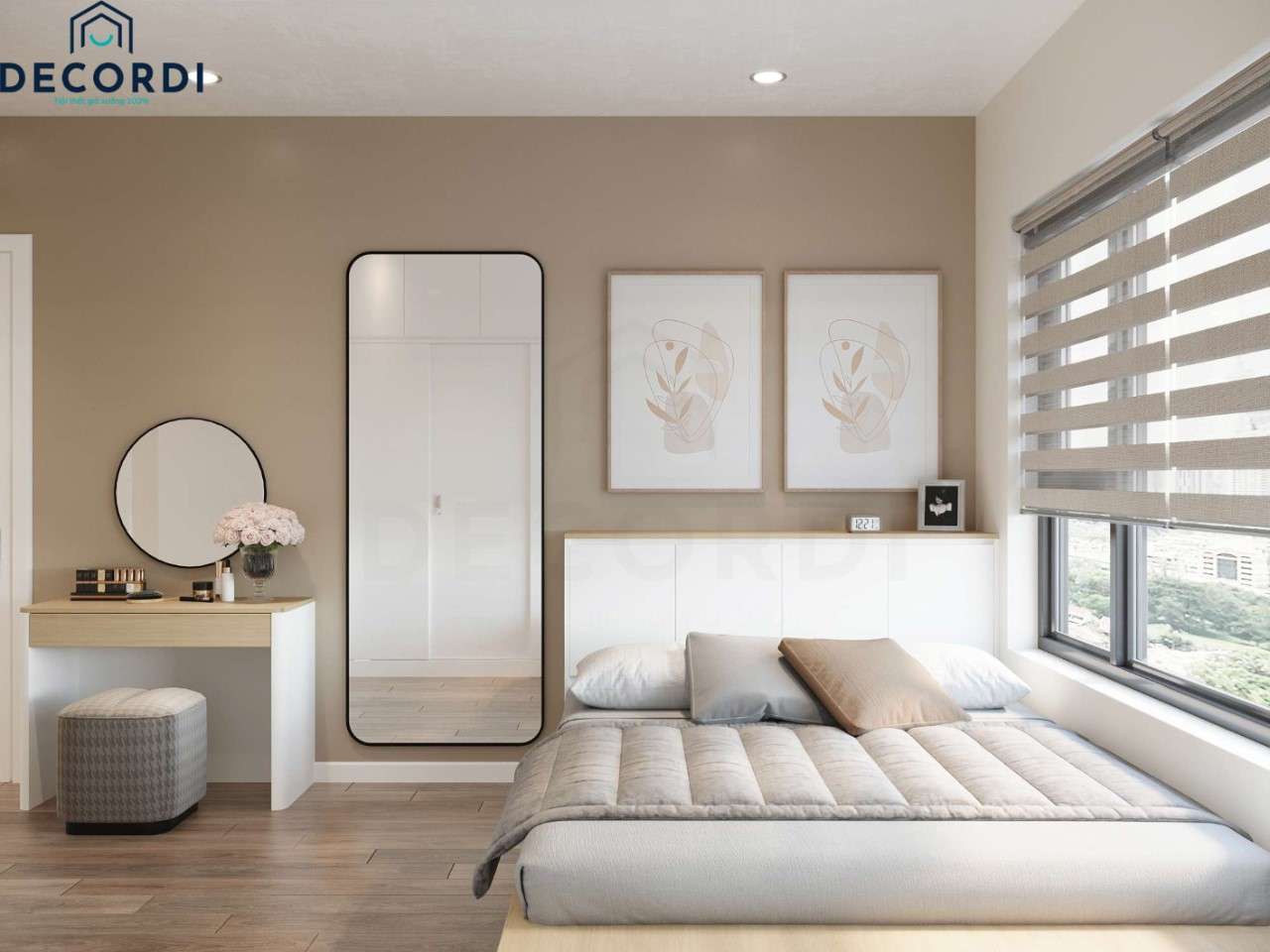 Phòng ngủ nhỏ được thiết kế tối giản công năng và kiểu dáng kết hợp sử dụng gương tạo cảm giác không gian thêm thông thoáng hơn