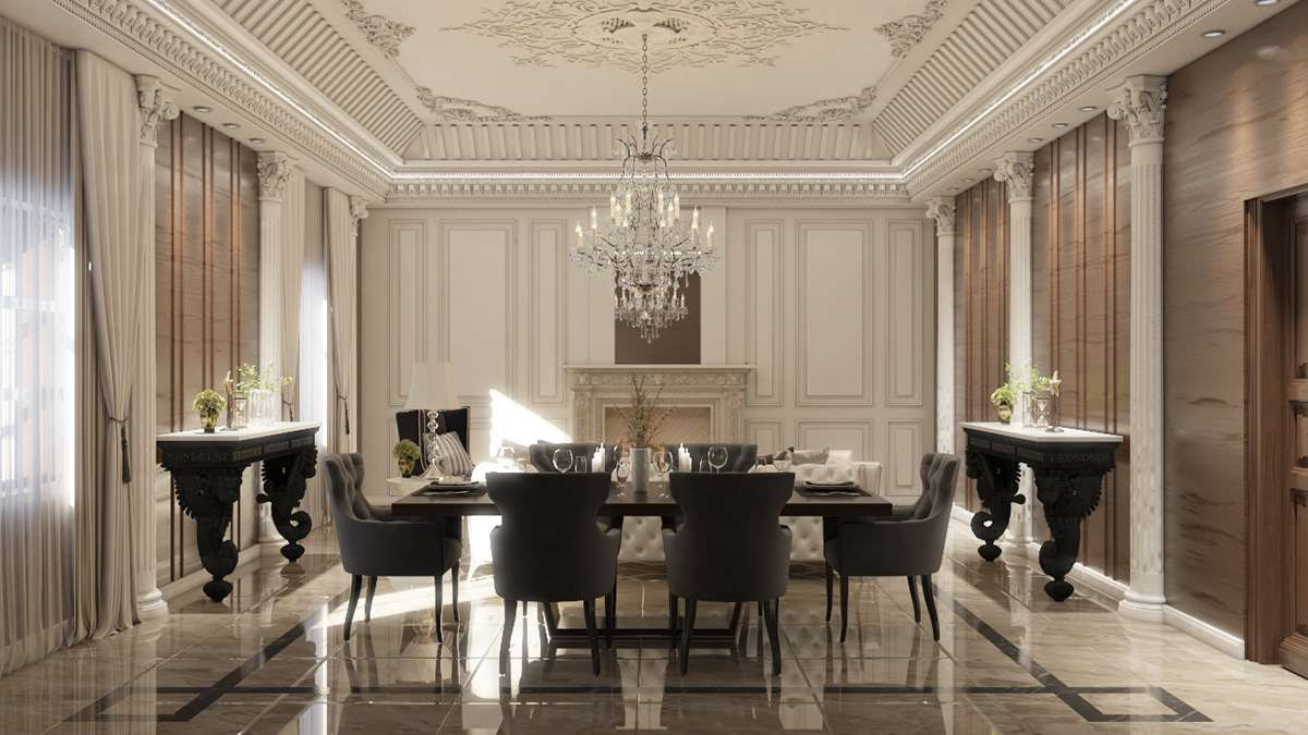 Mẫu nội thất phòng khách liền bếp biệt thự phong cách Châu Âu cổ điển