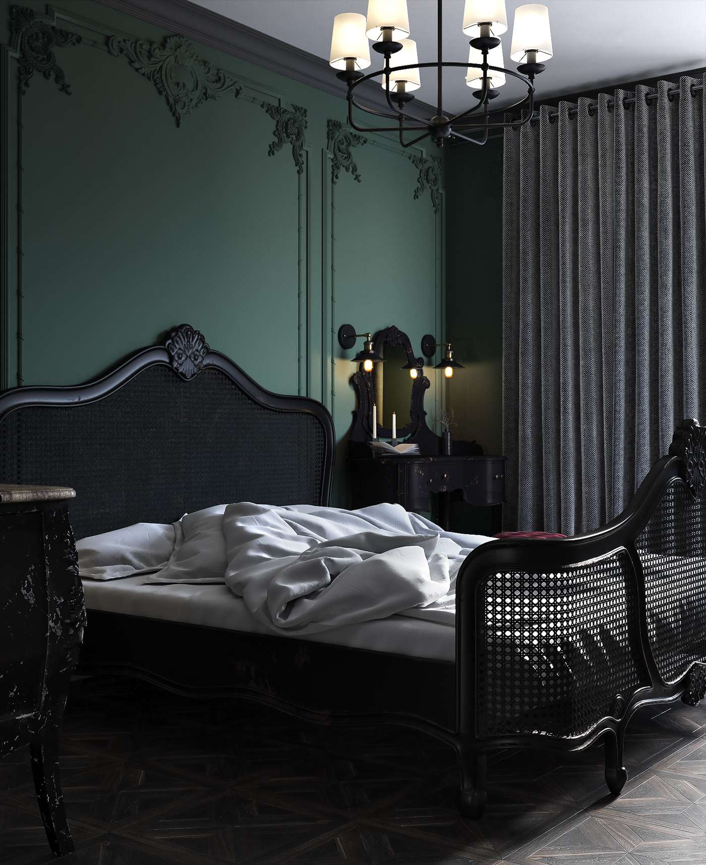 Mẫu phòng ngủ phong cách Châu Âu cổ điển với gam màu tối 