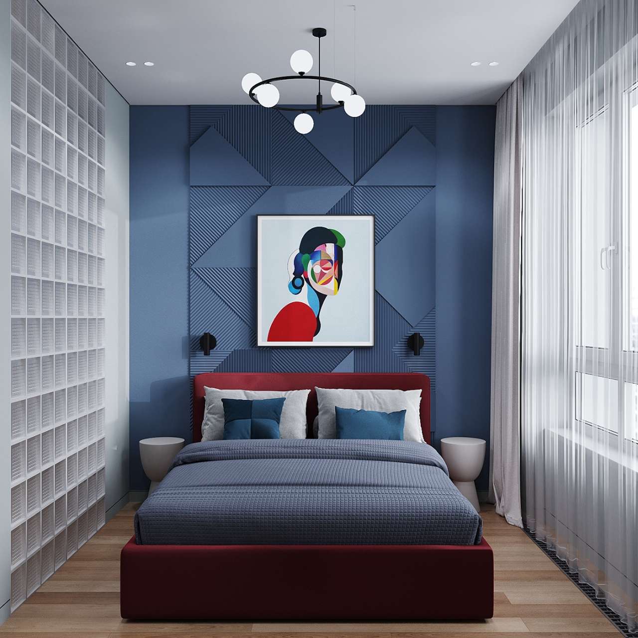 Phòng ngủ phong cách Bauhaus với giường ngủ màu đỏ đô nổi bật