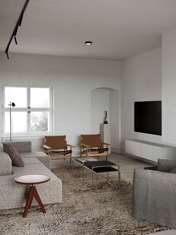 Nội thất phòng khách tối giản theo hơi hướng Bauhaus