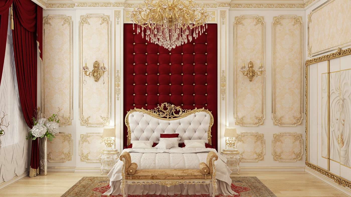 Mẫu nội thất phòng ngủ phong cách cổ điển với giường ngủ mà đỏ booc đô nổi bật