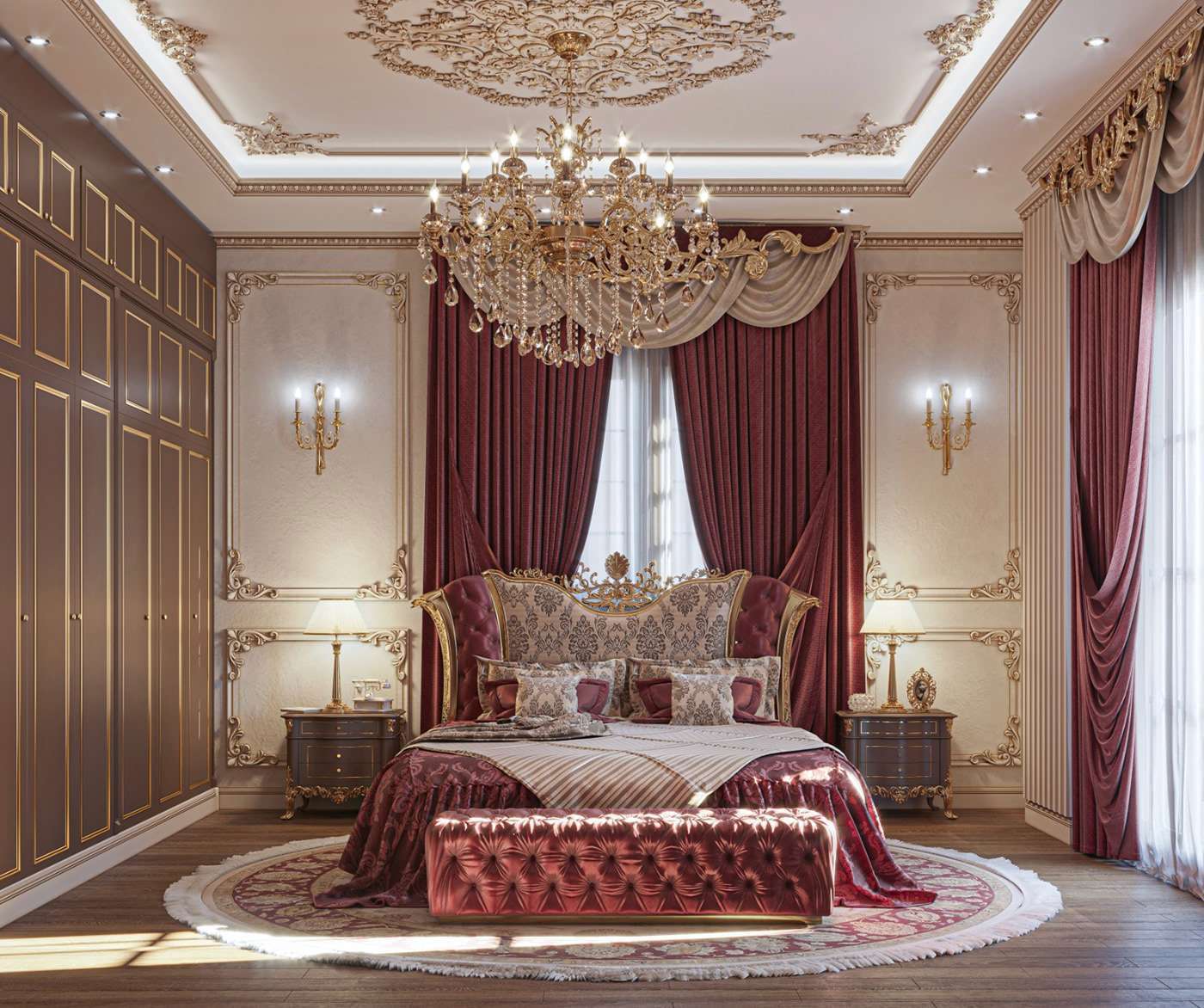 Mẫu nội thất phòng ngủ phong cách cổ điển với giường ngủ mà đỏ booc đô nổi bật